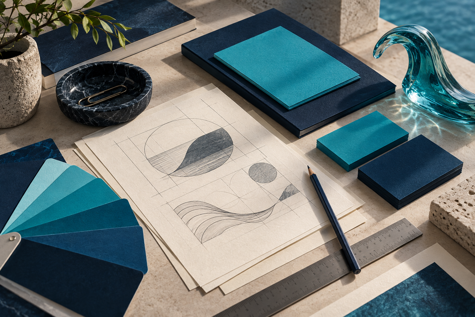 Composición creativa con bocetos de identidad, papelería azul marino y turquesa y una ola de cristal